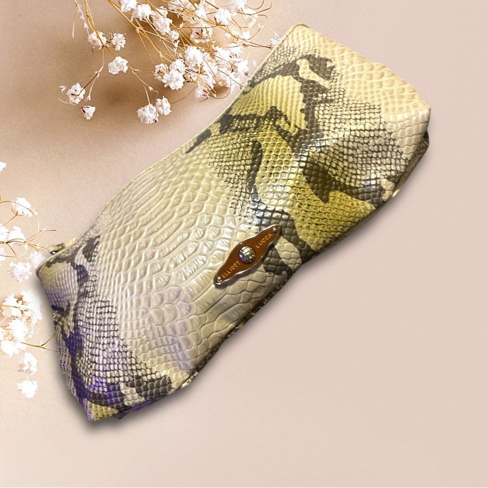 Elliott Lucca Tan and Brown Snake Skin Clutch